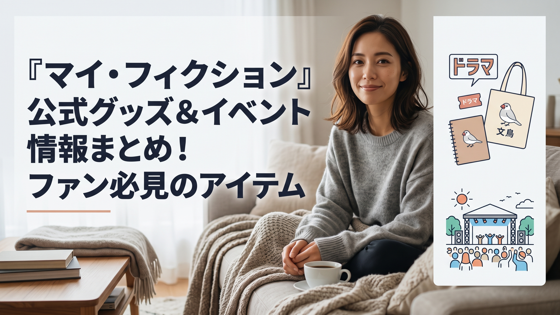 ドラマのロゴや文鳥のイラストがあしらわれたグッズと、夏の屋外イベント会場の熱気が伝わるイメージ