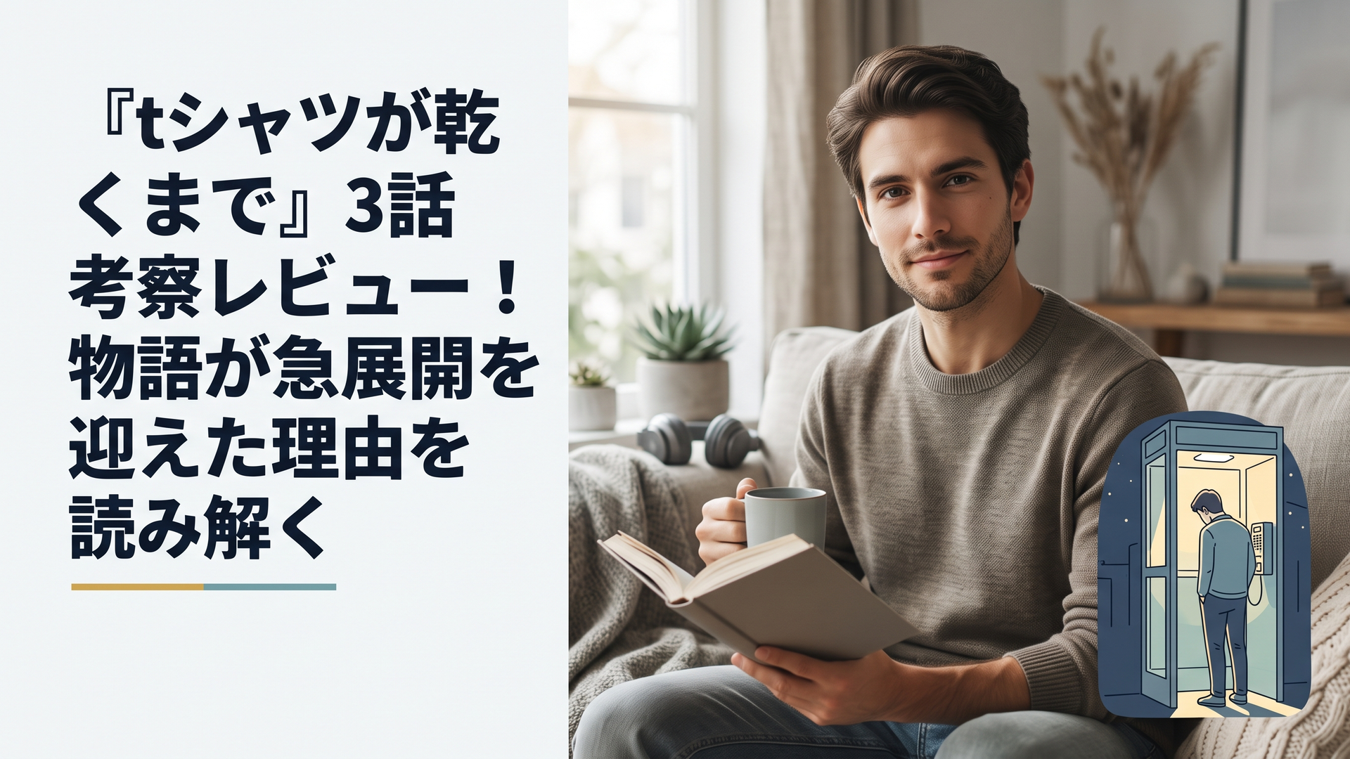 夜の公衆電話ボックスでうつむく男性の背中