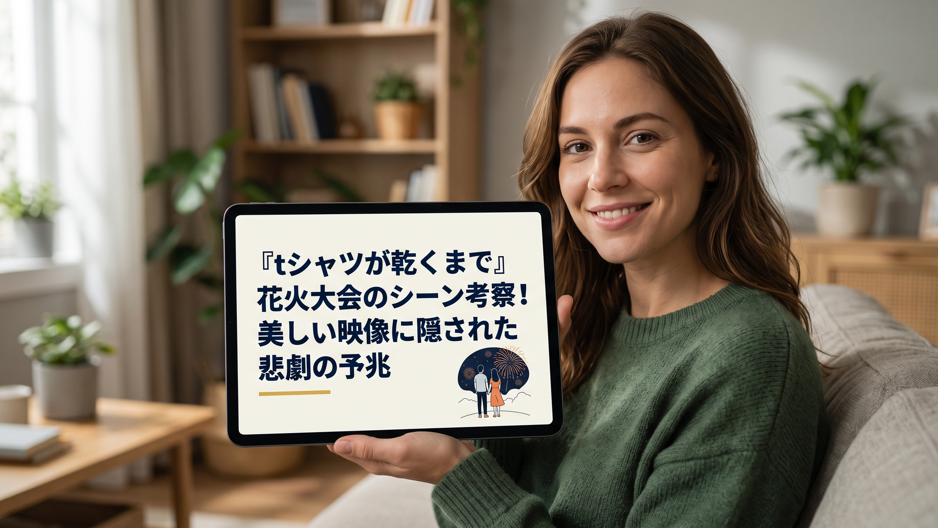 夜空に大きく打ち上がる花火を、少し離れた静かな場所から見上げる男女の切ない後ろ姿