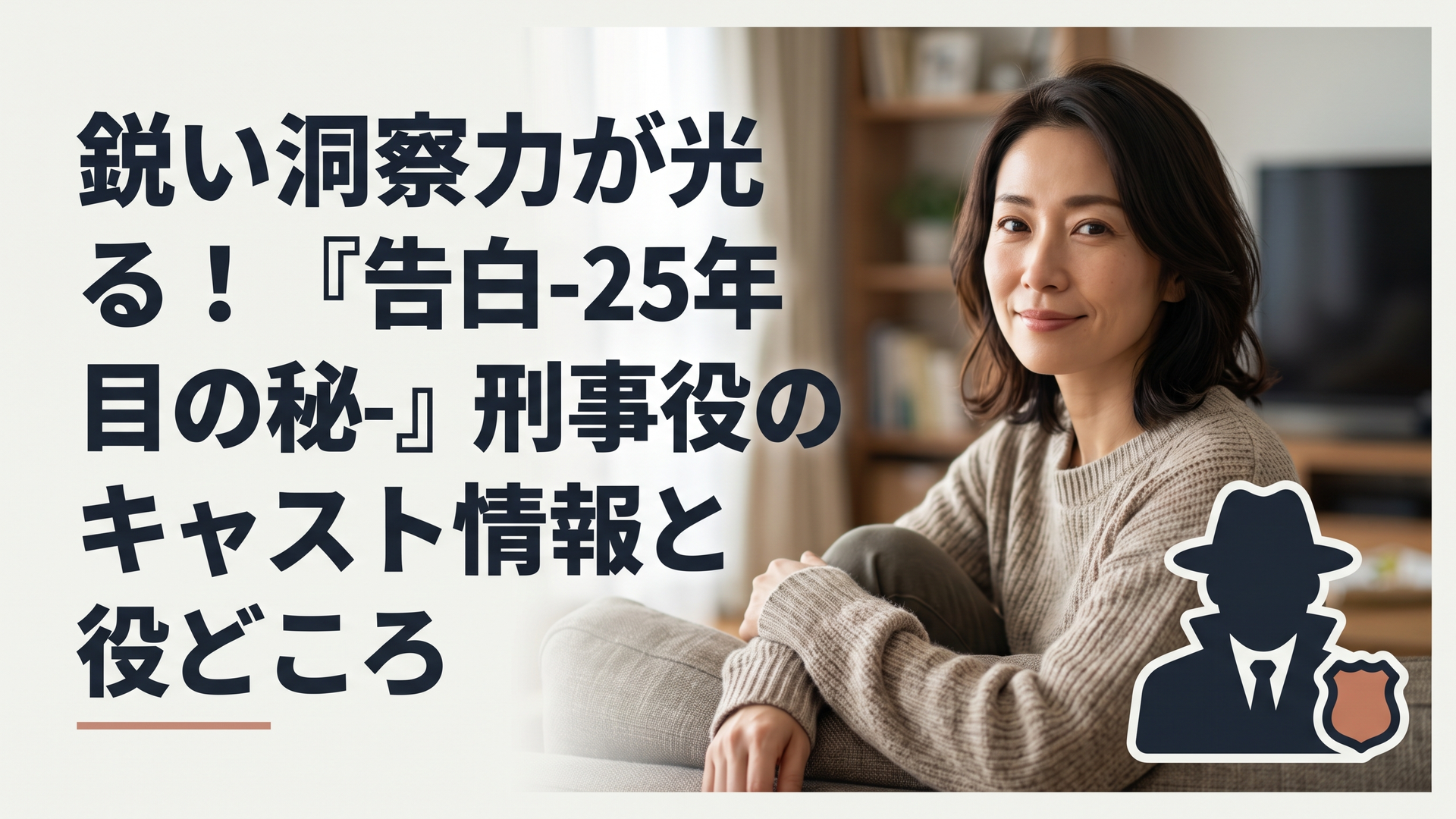 警視庁の取調室を思わせる薄暗い部屋で、厳しい表情で証拠写真を見つめるスーツ姿の敏腕刑事のシルエット