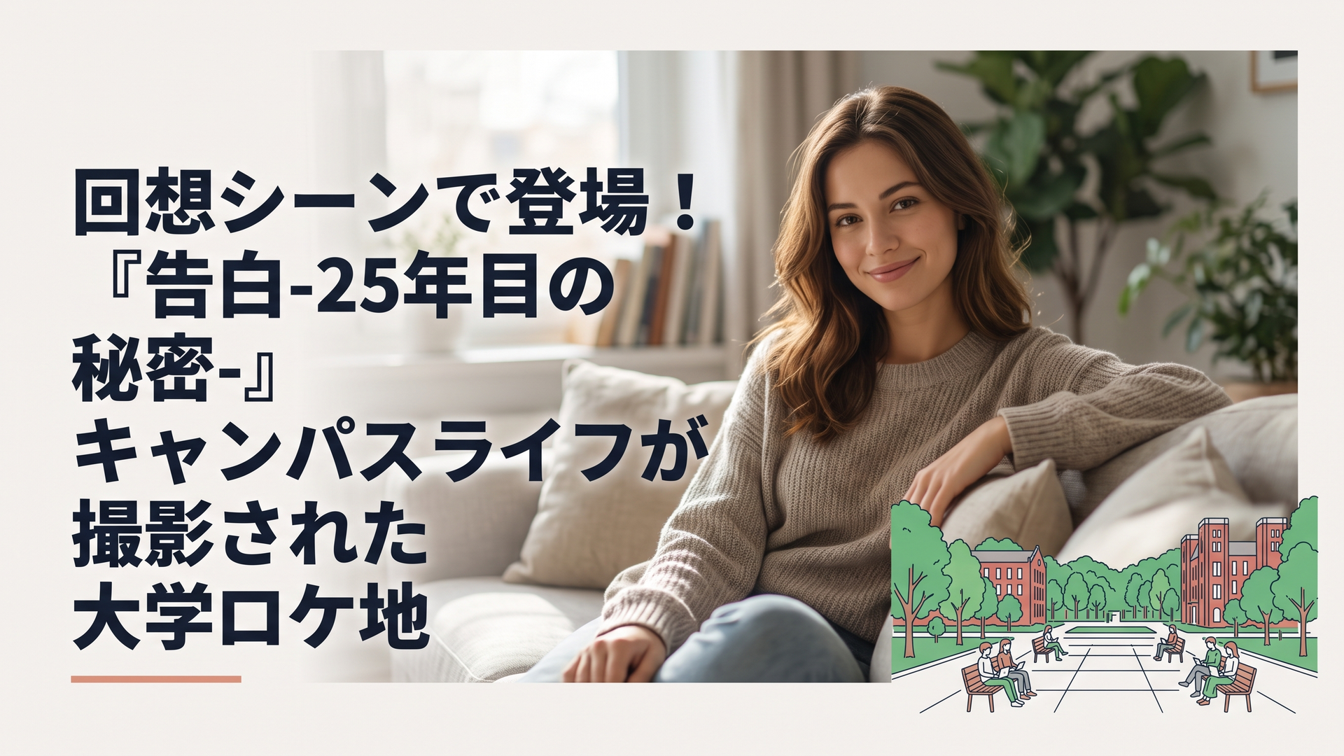 緑豊かな木々と赤レンガ調の美しい校舎が立ち並ぶ大学キャンパスで、広場のベンチに学生たちが座っている遠景